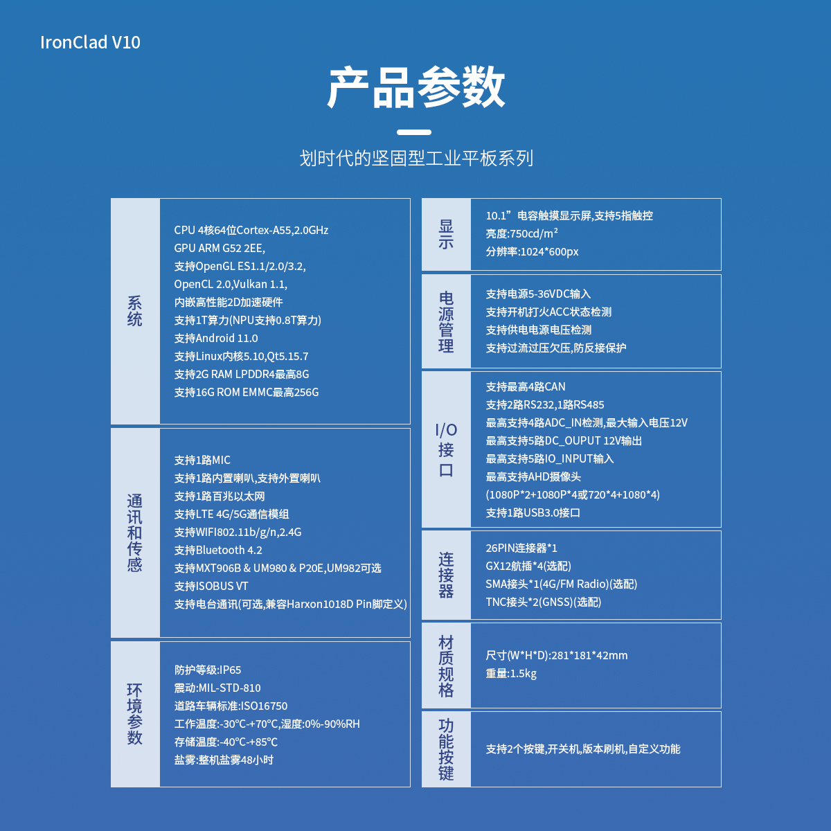 10.1寸 IronClad V10 车载平板产品参数